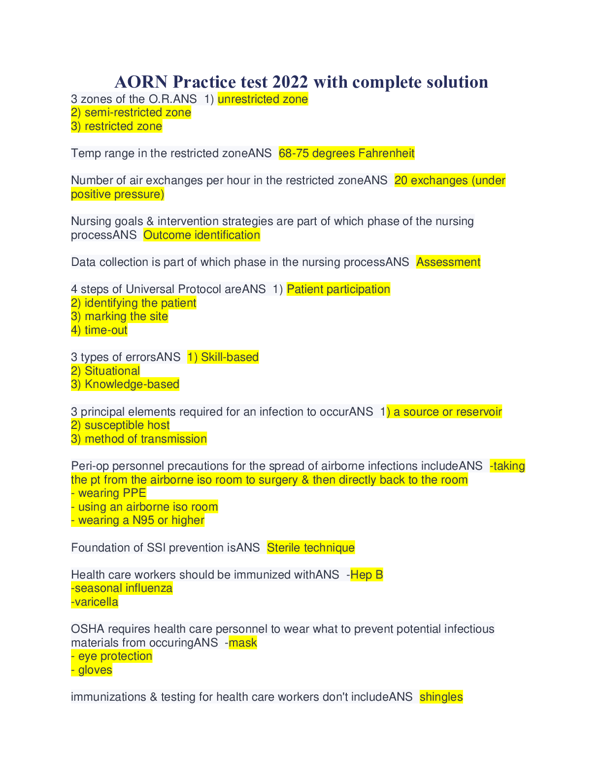 Preview image for AORN Practice test 2022 with complete solution